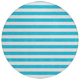8' X 8' Teal and White Round Striped Washable Indoor Outdoor Area Rug