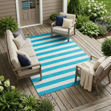 8' X 10' Teal and White Striped Washable Indoor Outdoor Area Rug