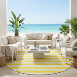 8' X 8' Yellow and White Round Striped Washable Indoor Outdoor Area Rug