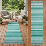 2' X 8' Aqua Striped Washable Indoor Outdoor Runner Rug