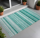 3' X 5' Aqua Striped Washable Indoor Outdoor Area Rug