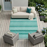 8' X 10' Aqua Striped Washable Indoor Outdoor Area Rug