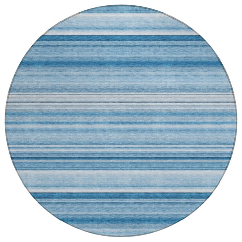 8' Round Blue Round Striped Washable Non Skid Indoor Outdoor Area Rug