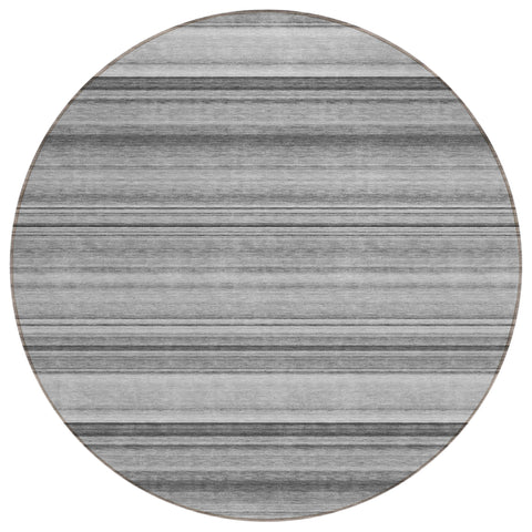 8' Round Gray Round Striped Washable Non Skid Indoor Outdoor Area Rug