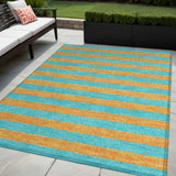 5' X 8' Aqua Striped Washable Non Skid Indoor Outdoor Area Rug