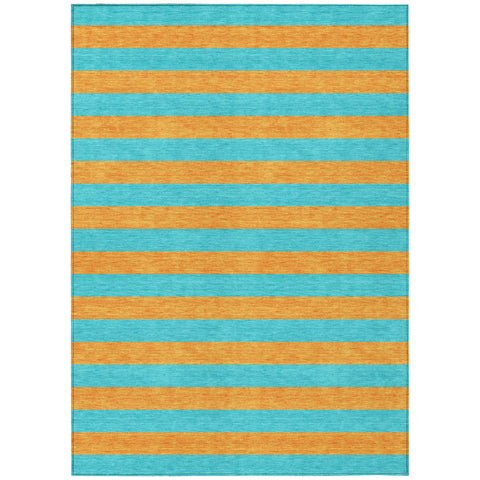 5' X 8' Aqua Striped Washable Non Skid Indoor Outdoor Area Rug