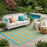 5' X 8' Aqua Striped Washable Non Skid Indoor Outdoor Area Rug