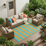8' X 10' Aqua Striped Washable Non Skid Indoor Outdoor Area Rug
