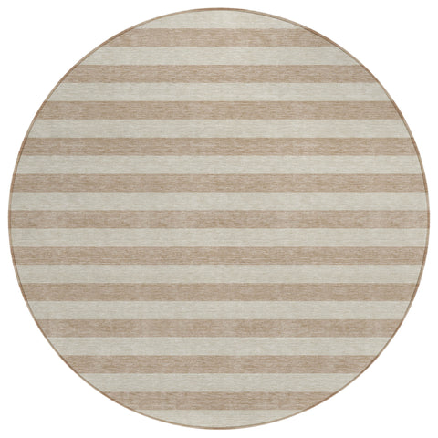 8' Round Beige Round Striped Washable Non Skid Indoor Outdoor Area Rug