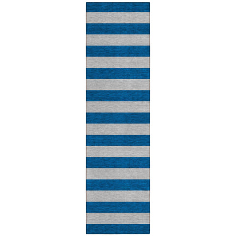 8' Runner Blue and Ivory Striped Washable Non Skid Indoor Outdoor Runner Rug