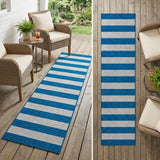 8' Runner Blue and Ivory Striped Washable Non Skid Indoor Outdoor Runner Rug