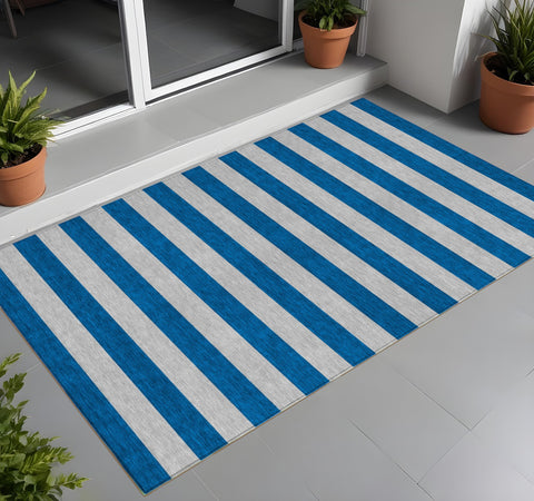 3' X 5' Blue and Ivory Striped Washable Indoor Outdoor Area Rug