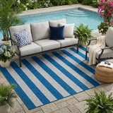 5' X 8' Blue and Ivory Striped Washable Indoor Outdoor Area Rug