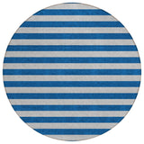 8' Round Blue and Ivory Round Striped Washable Non Skid Indoor Outdoor Area Rug