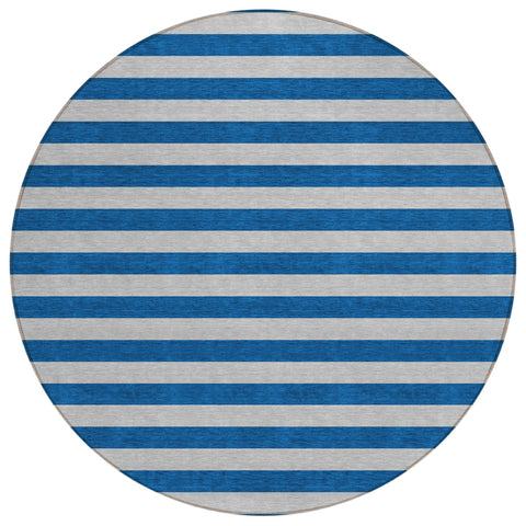 8' Round Blue and Ivory Round Striped Washable Non Skid Indoor Outdoor Area Rug