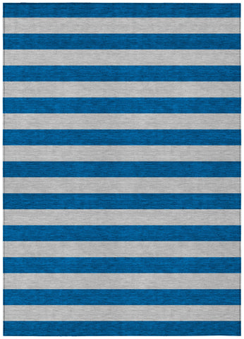 8' X 10' Blue and Ivory Striped Washable Indoor Outdoor Area Rug