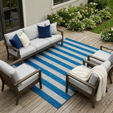 8' X 10' Blue and Ivory Striped Washable Indoor Outdoor Area Rug