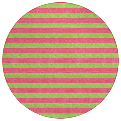 8' Round Green and Red Round Striped Washable Non Skid Indoor Outdoor Area Rug