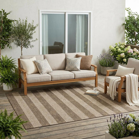 5' X 8' Coffee Striped Washable Indoor Outdoor Area Rug