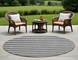 8' Round Gray and White Round Striped Washable Non Skid Indoor Outdoor Area Rug