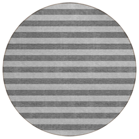 8' Round Gray and White Round Striped Washable Non Skid Indoor Outdoor Area Rug