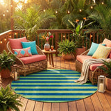 8' Round Navy Blue Round Striped Washable Non Skid Indoor Outdoor Area Rug
