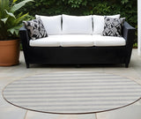 8' Round Gray and Ivory Round Striped Washable Non Skid Indoor Outdoor Area Rug