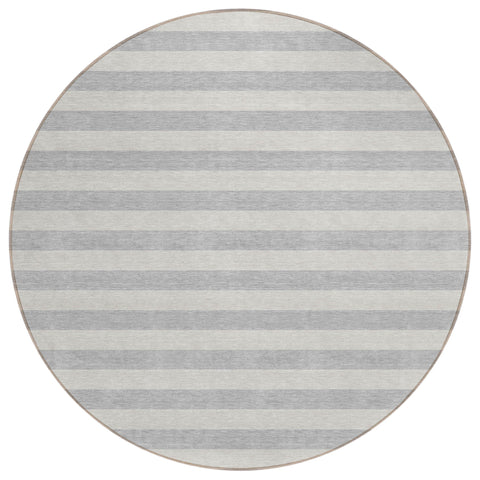 8' Round Gray and Ivory Round Striped Washable Non Skid Indoor Outdoor Area Rug