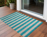 2' X 3' Turquoise Striped Washable Non Skid Indoor Outdoor Area Rug