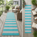 8' Runner Turquoise Striped Washable Non Skid Indoor Outdoor Runner Rug