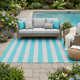 5' X 8' Turquoise Striped Washable Non Skid Indoor Outdoor Area Rug