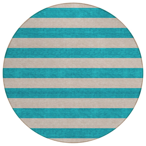8' Round Turquoise Round Striped Washable Non Skid Indoor Outdoor Area Rug