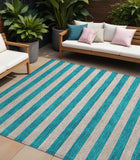 8' X 10' Turquoise Striped Washable Non Skid Indoor Outdoor Area Rug