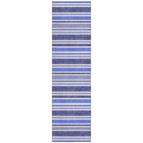 2' X 8' Blue Striped Washable Indoor Outdoor Runner Rug
