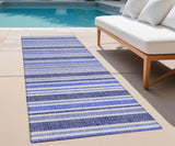 2' X 8' Blue Striped Washable Indoor Outdoor Runner Rug