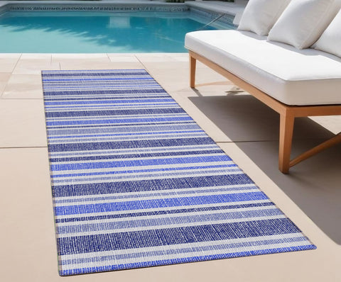 2' X 8' Blue Striped Washable Indoor Outdoor Runner Rug
