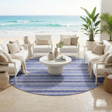 8' Round Blue Round Striped Washable Non Skid Indoor Outdoor Area Rug