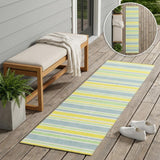 2' X 8' Blue and Yellow Striped Washable Indoor Outdoor Runner Rug