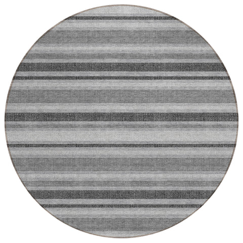 8' Round Gray and Black Round Striped Washable Non Skid Indoor Outdoor Area Rug