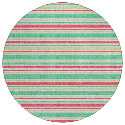 8' Round Green Round Striped Washable Non Skid Indoor Outdoor Area Rug