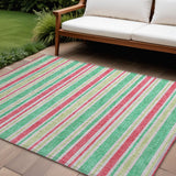 8' X 10' Green Striped Washable Non Skid Indoor Outdoor Area Rug