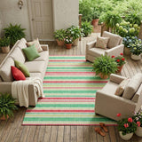8' X 10' Green Striped Washable Non Skid Indoor Outdoor Area Rug