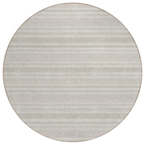 8' X 8' Ivory Round Striped Washable Indoor Outdoor Area Rug