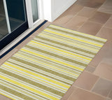 2' X 3' Khaki Yellow and Gray Striped Washable Non Skid Indoor Outdoor Area Rug