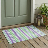 3' X 5' Green Purple and Blue Striped Washable Non Skid Indoor Outdoor Area Rug