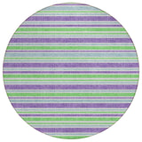 8' X 8' Green Purple and Blue Round Striped Washable Non Skid Indoor Outdoor Area Rug