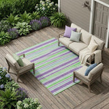 8' X 10' Green Purple and Blue Striped Washable Non Skid Indoor Outdoor Area Rug