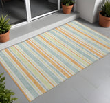 2' X 3' Orange Green and Blue Striped Washable Non Skid Indoor Outdoor Area Rug