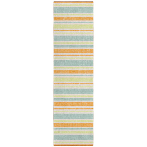 2' X 8' Orange Green and Blue Striped Washable Non Skid Indoor Outdoor Area Rug