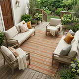 8' X 10' Beige and Orange Striped Washable Non Skid Indoor Outdoor Area Rug